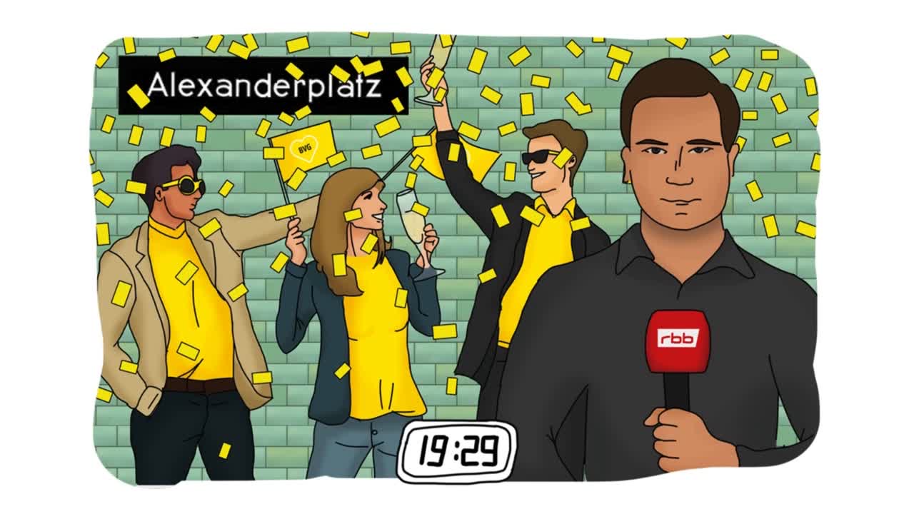 Illustration: feiernde Menschen und ein Reporter am Alexanderplatz