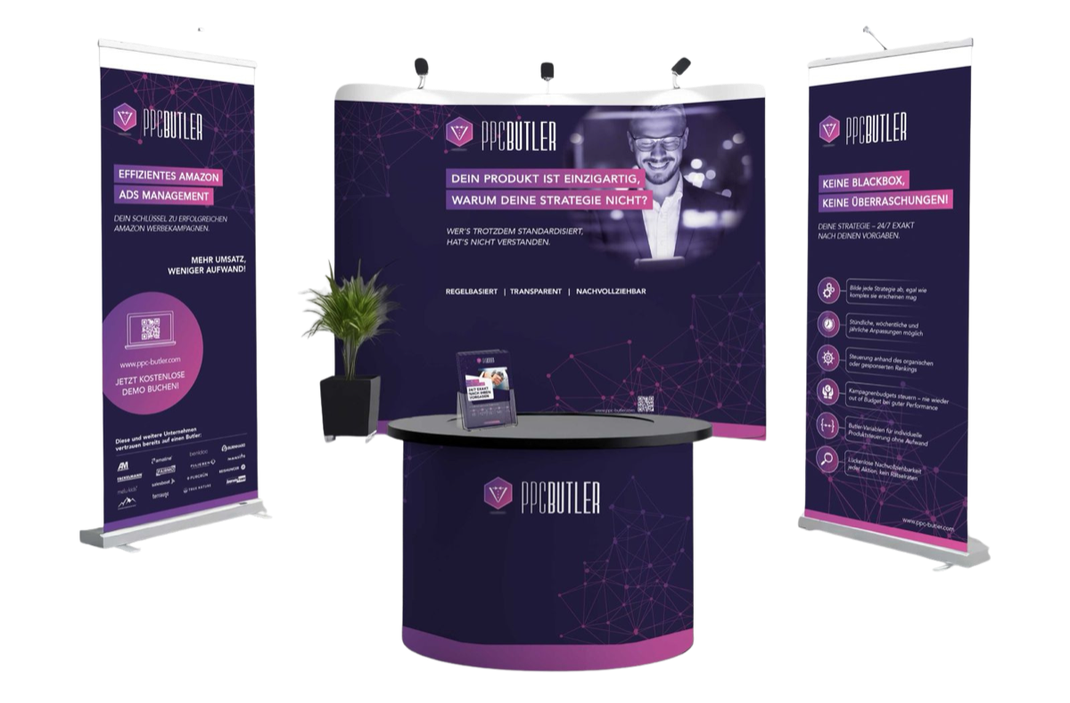 Messestand mit Rückwand, Theke und zwei Roll-ups für PPC Butler